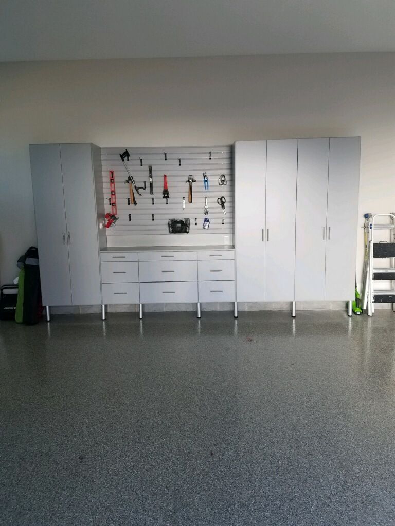 Organized garage storage with white cabinets and tool wall.